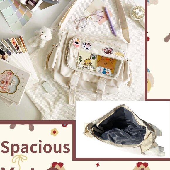 Kawaii White Japanese Ita Bag Messenger Crossbody with Pins for Women & Men - Picture 3 of 8